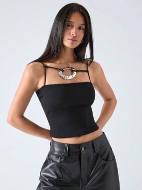 SHEIN Black Sleeveless Tank Top with Decorative Ring